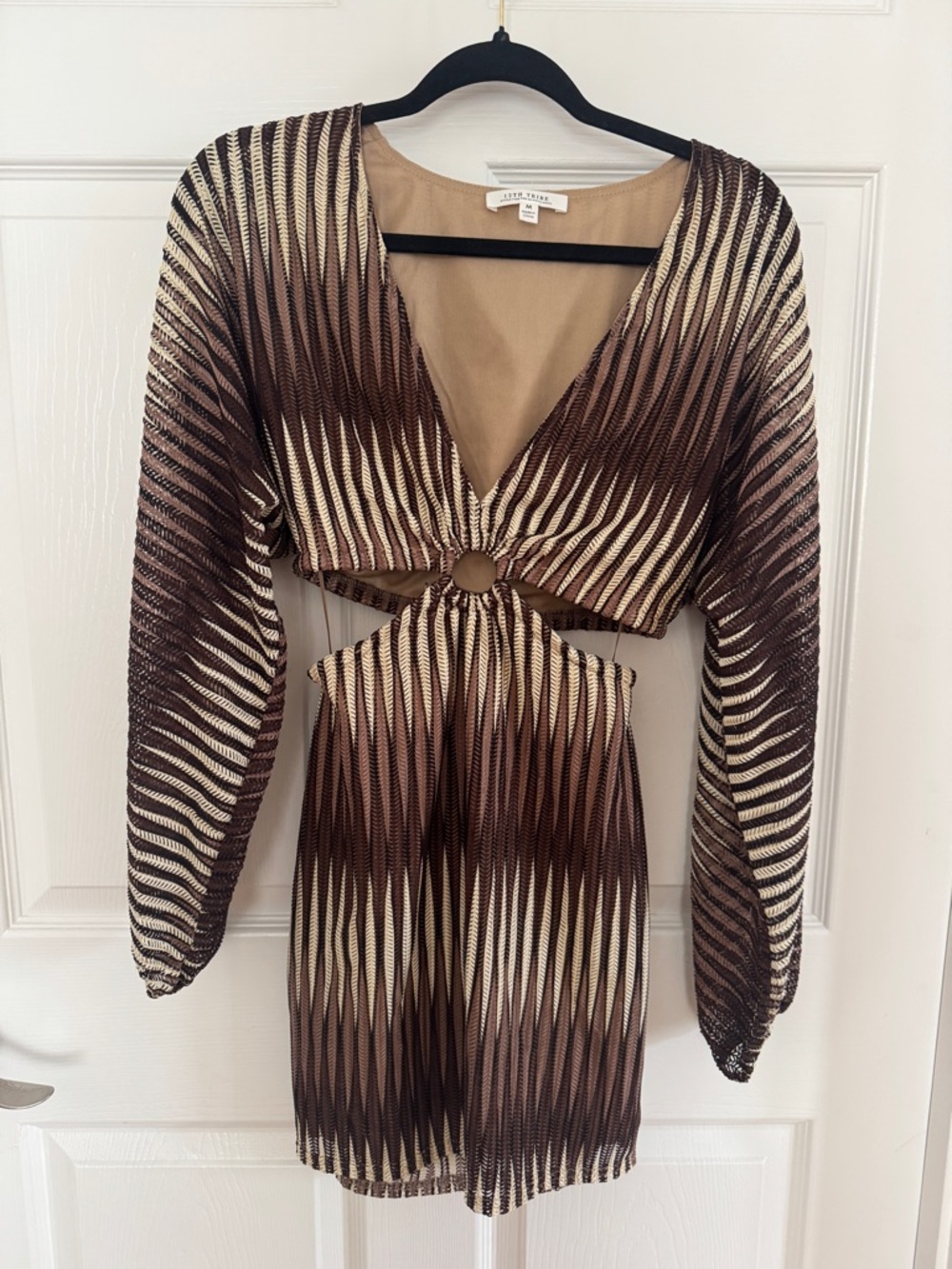 12th Tribe Brown and Cream Striped Cutout V-Neck Mini Dress